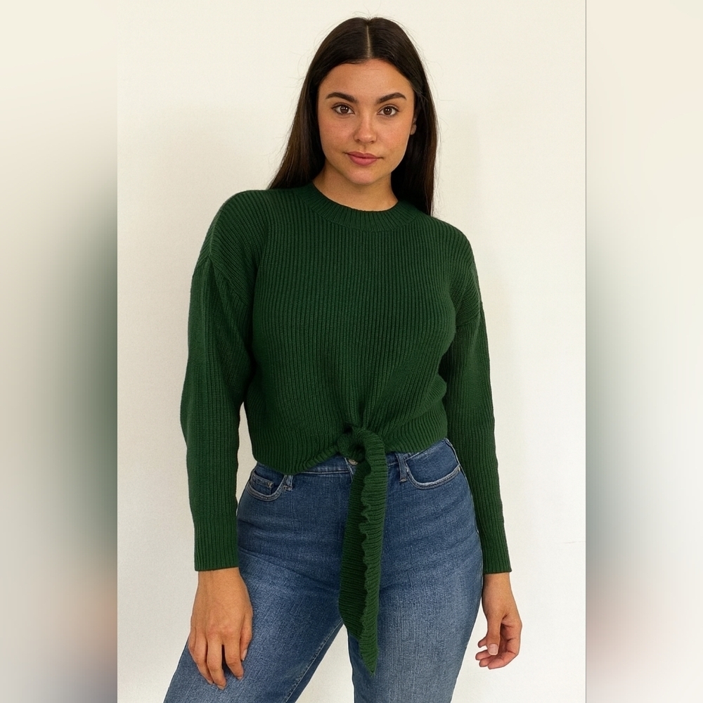 Fashion Style #7156 Women’s Hunter Green Tie Front Sweater Long Sleeve Crewneck